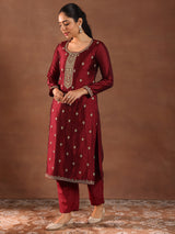 Women's Red Ethnic Motif Embroidered Straight Kurta with Solid Trouser and Embellished Dupatta
