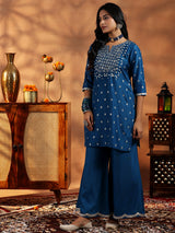 Women's Blue Motif Short Kurta With Solid Wide Leg Palazzo and Woven Design Dupatta