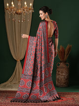 Women's Crepe Red Printed Designer Saree With Blouse Piece