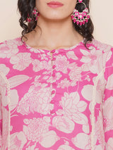 Women's Pink Floral Printed Panelled A-Line Kurta with Trouser