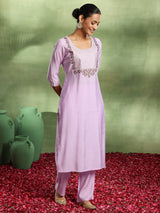 Women's Purple Silk Blend Yoke Design Straight Kurta and Trouser with Silk Blend Printed Dupatta