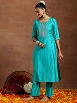 Women's Teal Blue Embroidered Straight Kurta and Teal Blue Solid Trouser with Blue Self Design Dupatta
