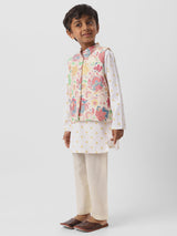 Boys White Cotton Sewn on Pocket Square Kurta Set with Printed Nehru Jacket