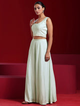Women's Sea Green Solid Crop Top and Wide Leg Palazzos With Short Jacket