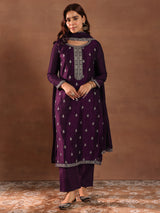 Women's Purple Ethnic Motif Embroidered Straight Kurta with Solid Trouser and Embellished Dupatta