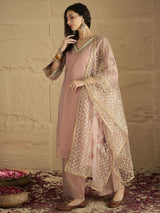 Women's Pink Kurta with Solid Ankle Length Palazzo and Embroidered Net Dupatta
