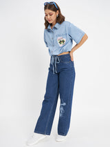 Women's Light Blue Casual Half Sleeve Graphic Print Cotton Shirt