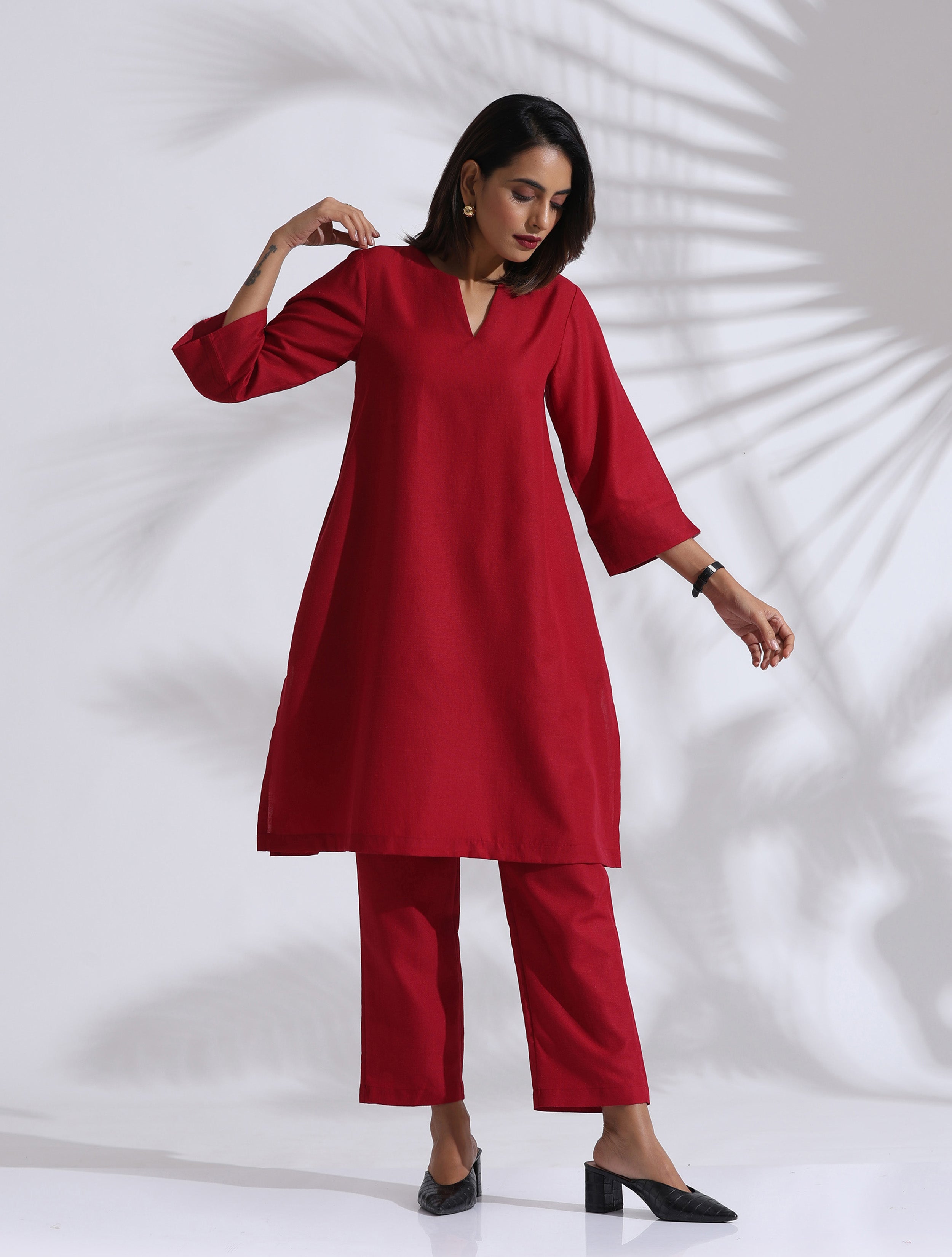 Women's Red Slub Kurta Co-ord Set