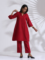 Women's Red Slub Kurta Co-ord Set