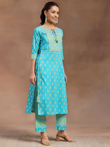 Women's Blue Cotton Printed Gotta Patti Tassel Detail Straight Kurta with Printed Trousers & Dupatta