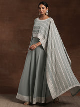 Women's Grey Ethnic Motif Embroidered Georgette Top with One Side Extended Sleeve and Solid Wide Leg Palazzo