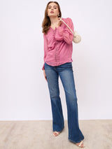 Women's Pink Casual Regular Fit Solid Full Sleeves Top