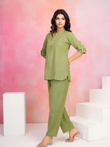 Women's Parrot Green Cotton Flex Co-Ord Set with Mandarin Collar & Stitched Button Details