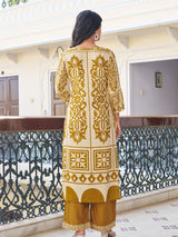 Women's Mustard Block Print with Kauri Embellishment Kurta Set