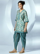 Women's Blue Floral Printed A-line Short Kurta With Printed Dhoti Pants