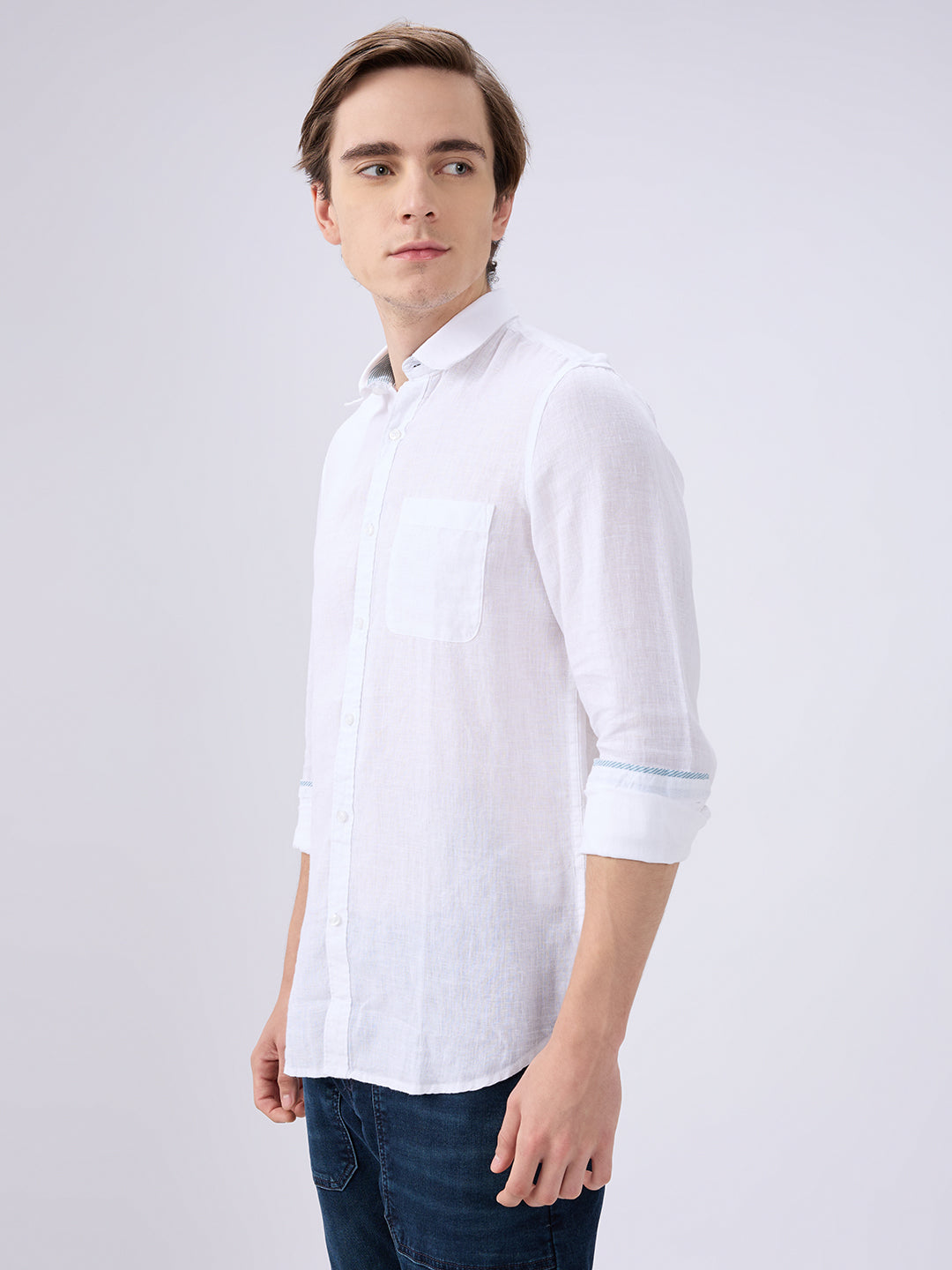 Men's White Cotton Blended Solid Slim Fit Full Sleeves Casual Shirt