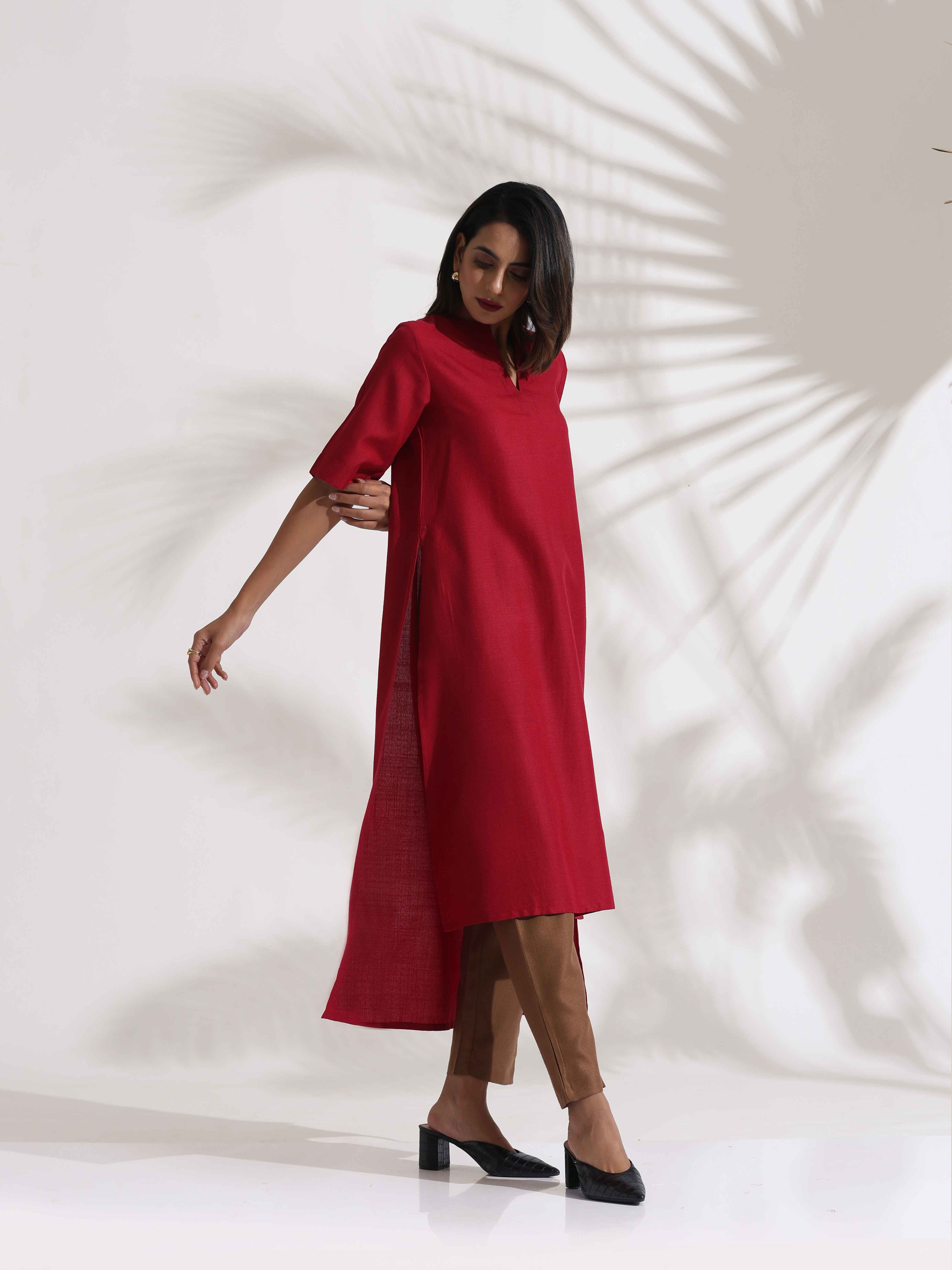 Women's Red Slub Highslit Kurta Set