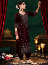 Women's Wine Ethnic Motif Embellished Velvet Kurta With Salwar and Dupatta