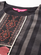 Women's Black Ethnic Motifs Printed Straight Kurta Paired With Tonal Solid Bottom And Printed Dupatta