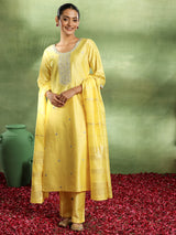 Women's Yellow Silk Blend Embroidered Yoke Design Straight Kurta and Trouser with Self Design Dupatta