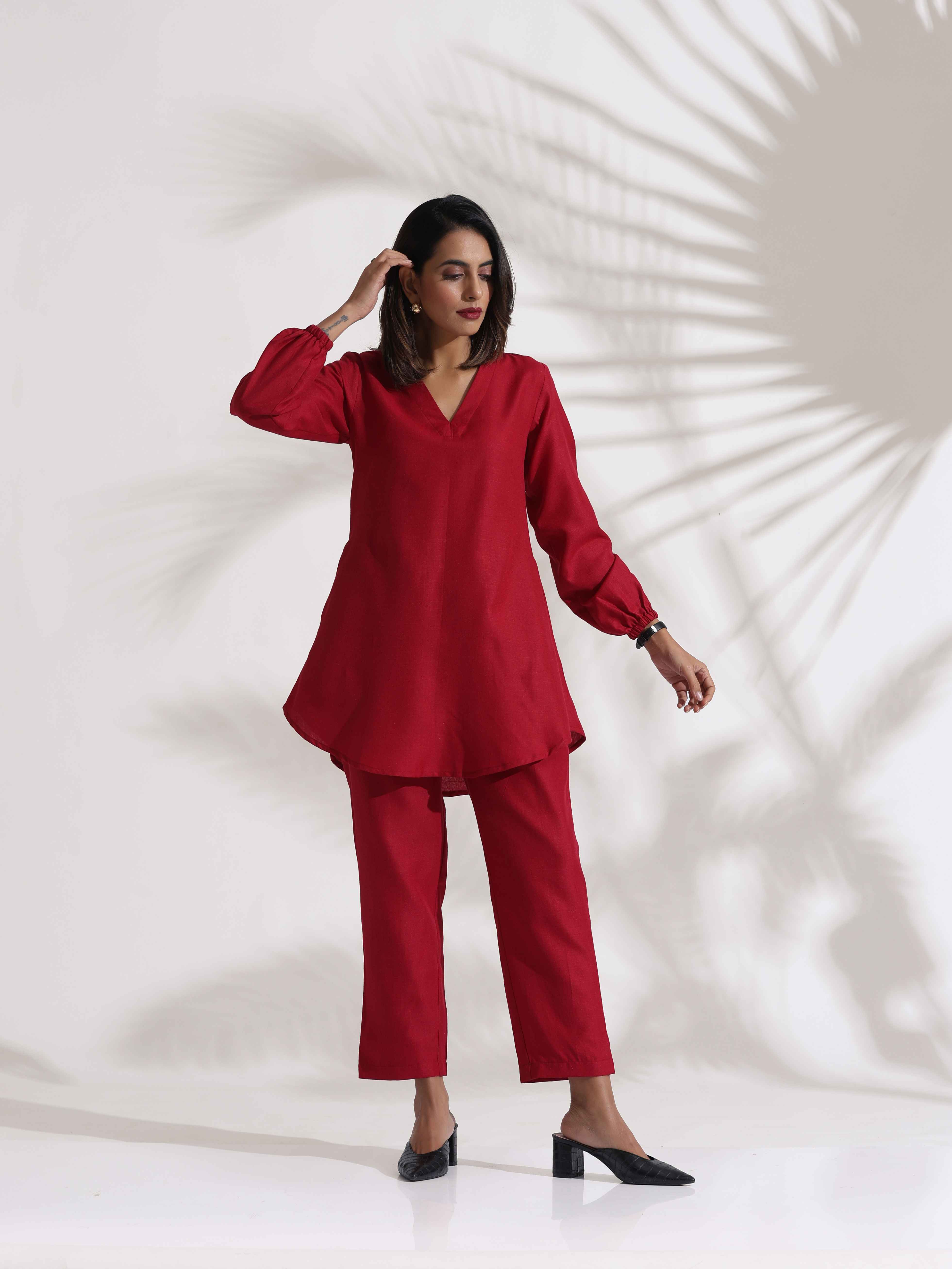 Women's Red Slub Co-ord Set