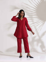 Women's Red Slub Co-ord Set
