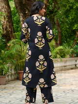 Women's Black Cotton Cambric Floral A-Line Kurta Set