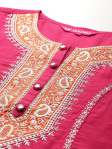 Women's Pink Zari Embroidered Contrast Yoke Kurta With Bottom And Contrast Dupatta