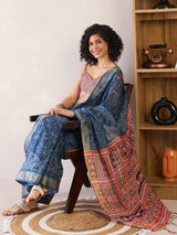 Women's Cotton Navy Printed Ready to Wear with Blouse Piece
