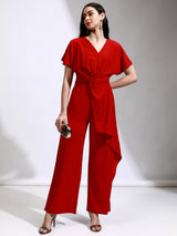 Women's Red Party Solid Half Sleeves Jumpsuit