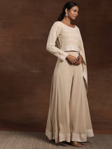 Women's Beige Ethnic Motif Embroidered Georgette Top with One Side Extended Sleeve & Solid Wide Leg Palazzo