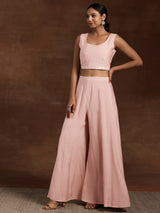 Women's Pink Solid Crop Top with Solid Wide Leg Palazzos and Floral Embroidered Long Shrug
