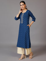 Women's Women Blue Floral Yoke Embroidered Cotton Blend Kurta with a Pocket