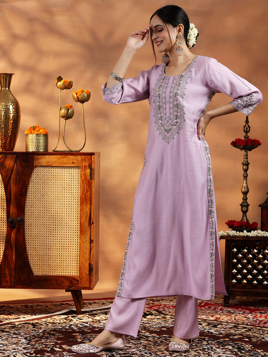 Women's Purple Floral Embroidered Straight Kurta with Solid Trouser and Poly Chiffon Self Design Dupatta