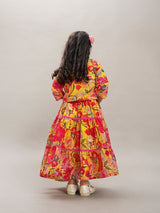Girls Yellow & Red Digital Printed Gown Dress with Yellow Printed Jacket
