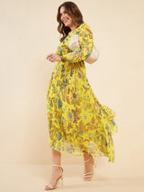 Women's Yellow Printed Pleated Puff Sleeves Belted Chiffon Fit & Flare Midi Dress