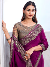 Women's Satin Silk Pink Embellished Designer Saree with Blouse Piece