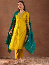 Women's Yellow Floral Embroidered Straight Kurta with Solid Trouser and Embellished Dupatta