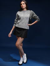 Women's Grey Casual Self-Design Full Sleeves Sweater