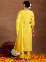 Women's Yellow Embroidered Yoke Straight Kurta and Solid Trouser with Yellow Self Design Dupatta