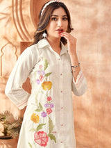 Women's White Multi-Thread Embroidered Chinon Co-Ord Set with Scallop 3/4th Sleeves