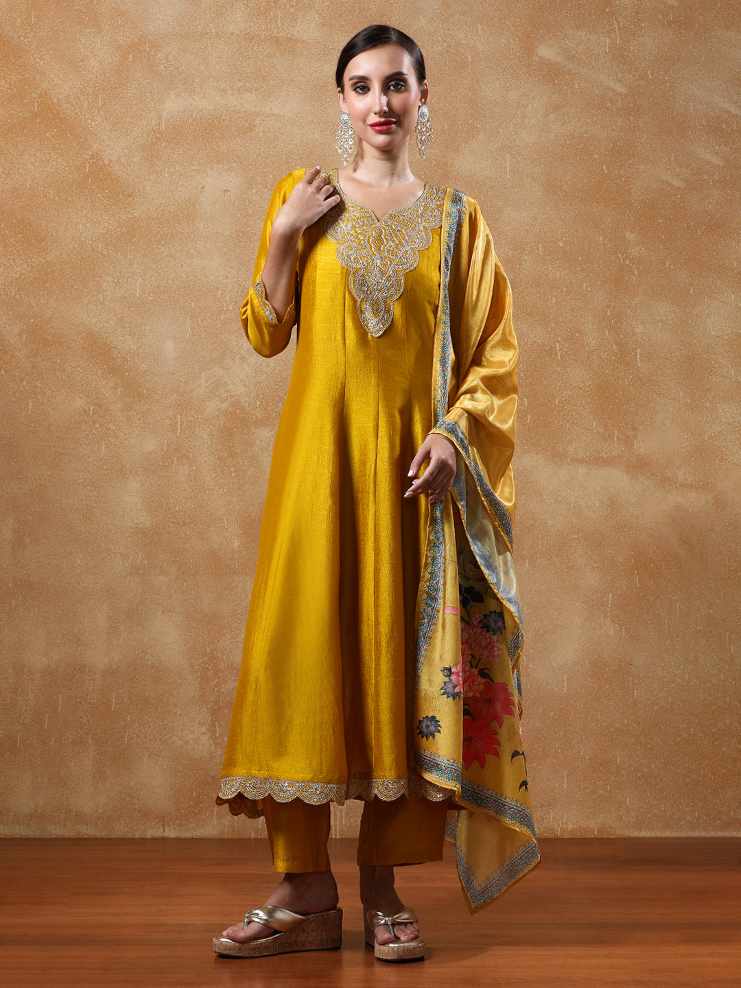 Women's Yellow Festive Yoke Design Anarkali Kurta Set