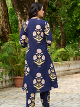 Women's Navy Floral Cotton A-Line Kurta Set