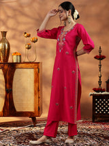 Women's Pink Floral Embroidered Straight Kurta with Solid Trouser and Poly Chiffon Self Design Dupatta