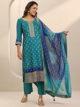 Women's Blue Bandhani Printed Zari Kurta With Trouser and Dupatta