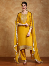 Women's Yellow Zari Embroidered Yoke Kurta with Trouser and Dupatta