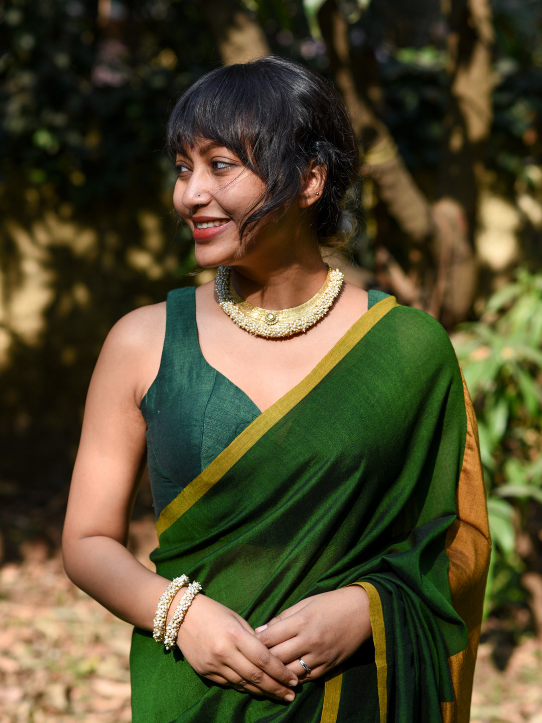 Women's Green Cotton Blend Saree