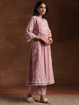 Women's Pink Floral Printed Panelled a-line Kurta with Printed Pink Palazzo