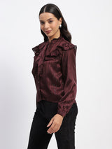 Women's Wine Casual Full Sleeve Tie Knot Frill Necked Striped Top