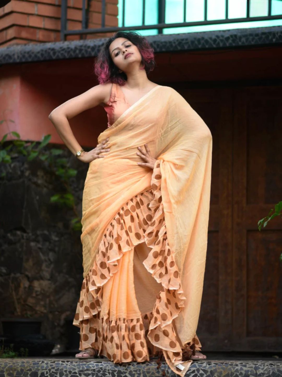 Women's Orange Mul Cotton Saree